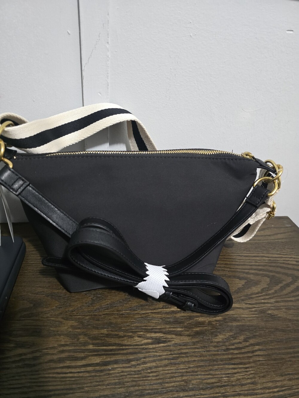 Women's Black Crossbody Bag with Striped Canvas Strap